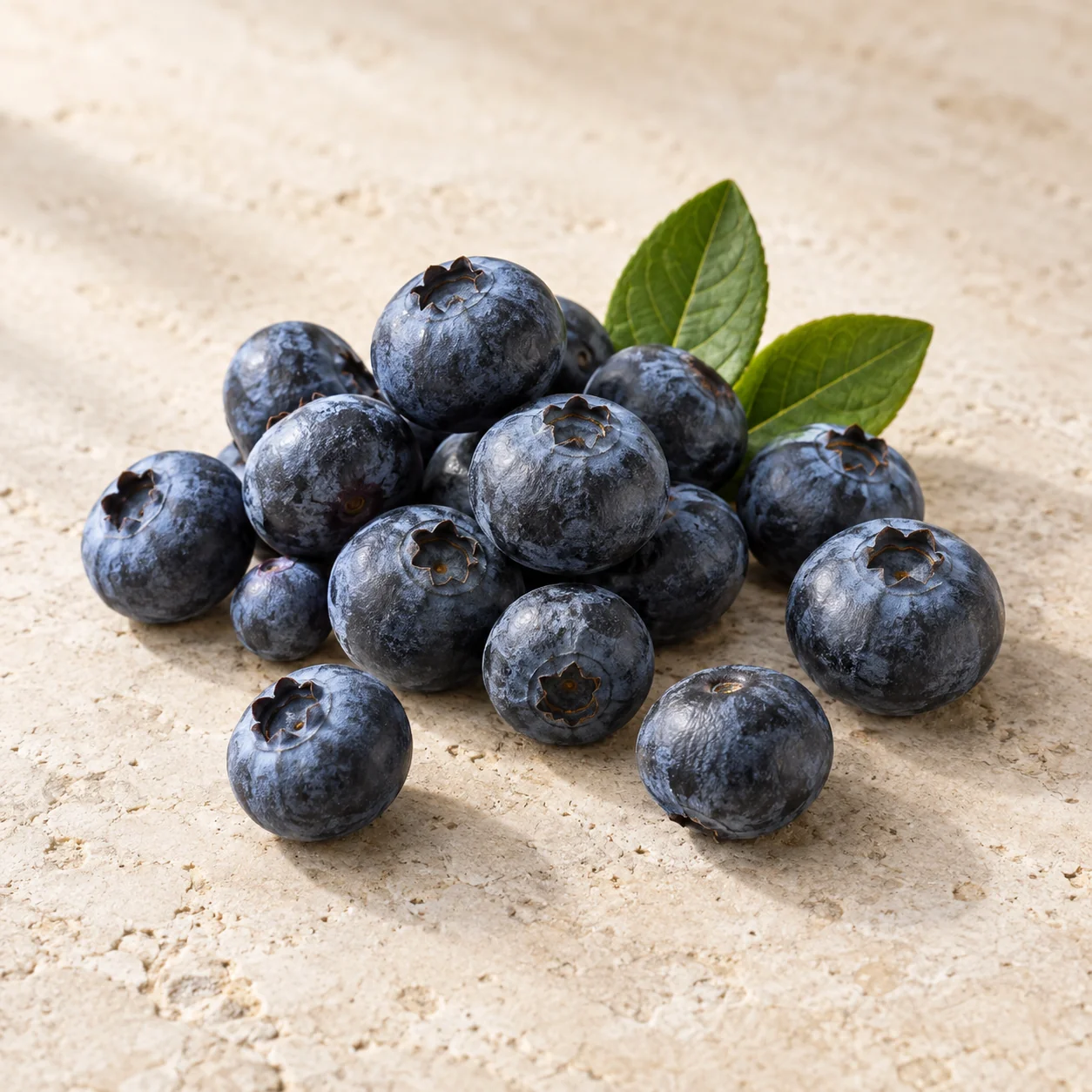 Editorial illustration of dusty blue blueberries with small green leaves arranged on pale stone