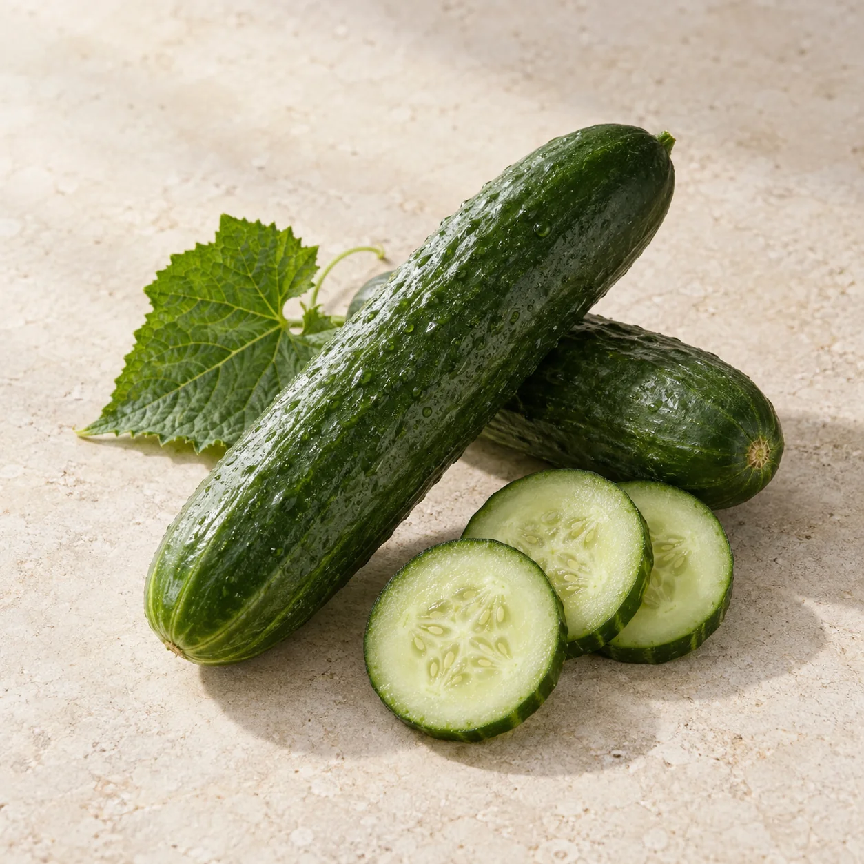 Editorial illustration of green cucumbers and fresh round slices with pale seeded centres on limestone