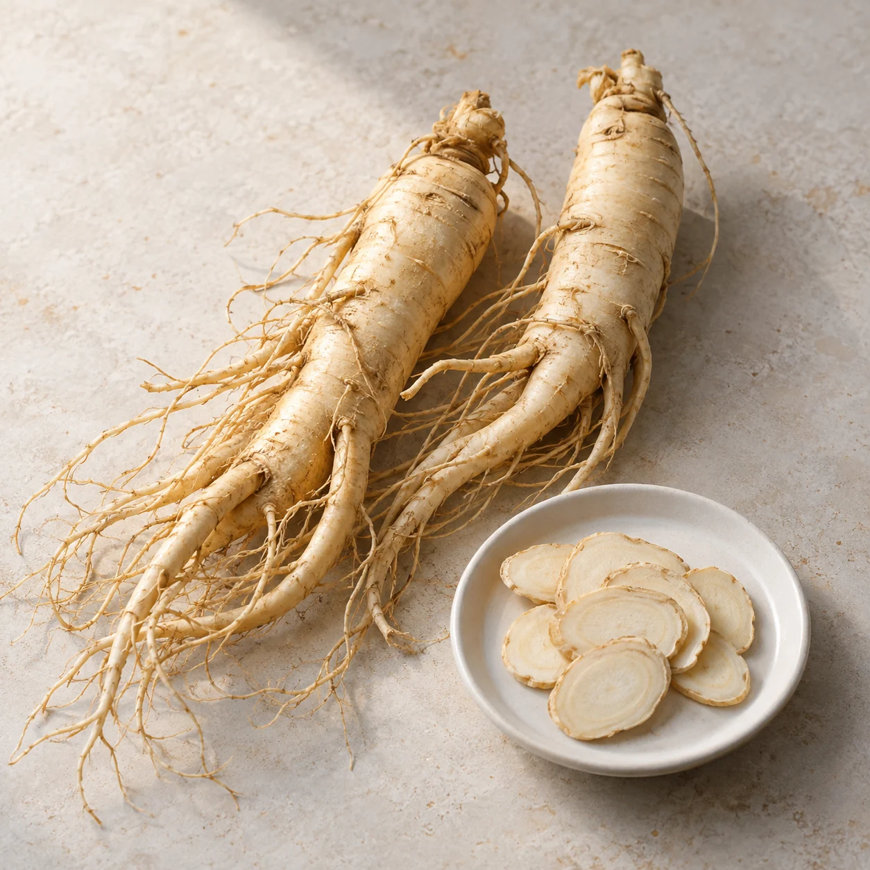 Ingredient illustration of a pale branching ginseng root and slices; not a product photograph or age authentication guide