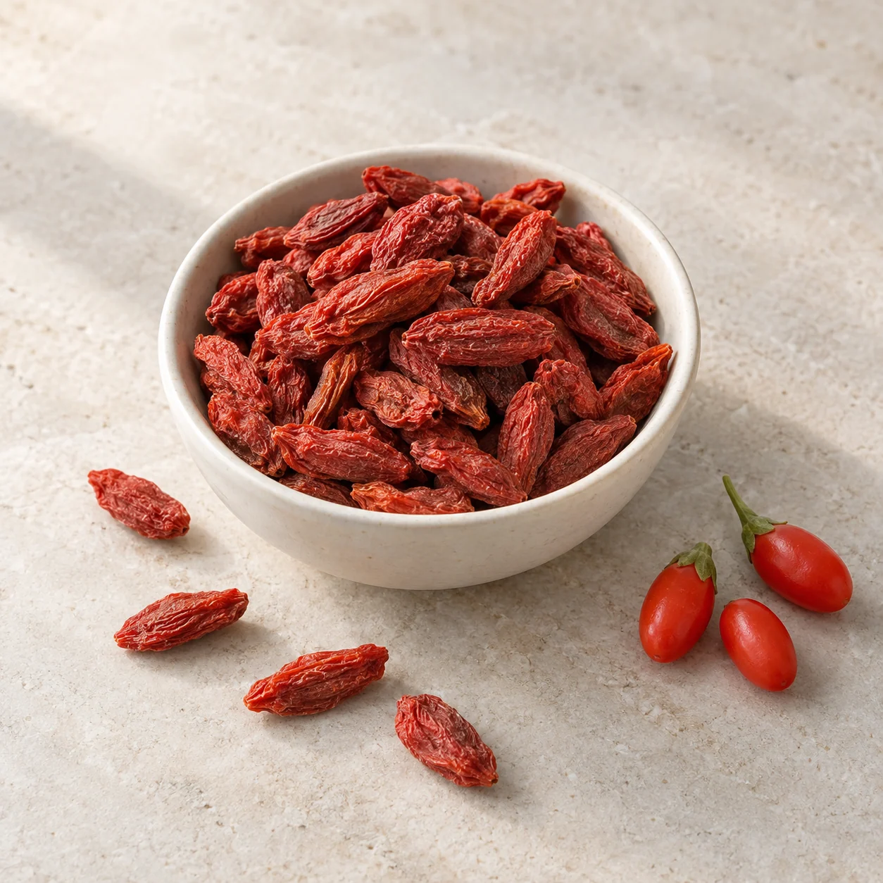 Ingredient illustration of red goji berries and a leafy branch; not a product photograph