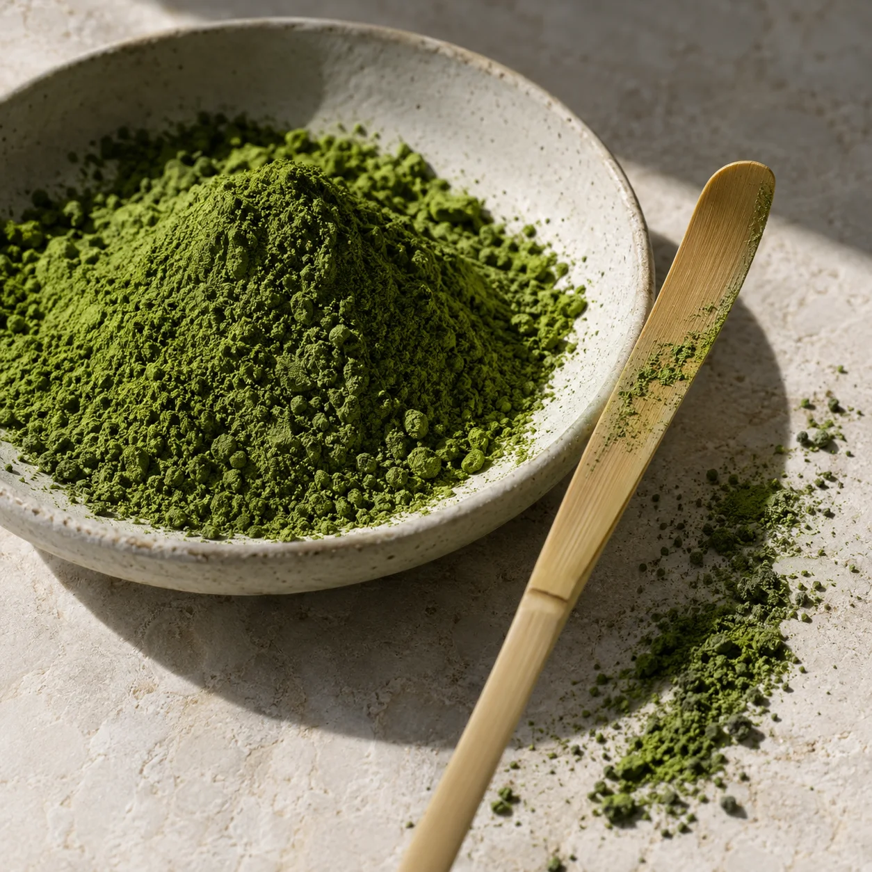 Fine green matcha powder in a ceramic dish with a bamboo scoop