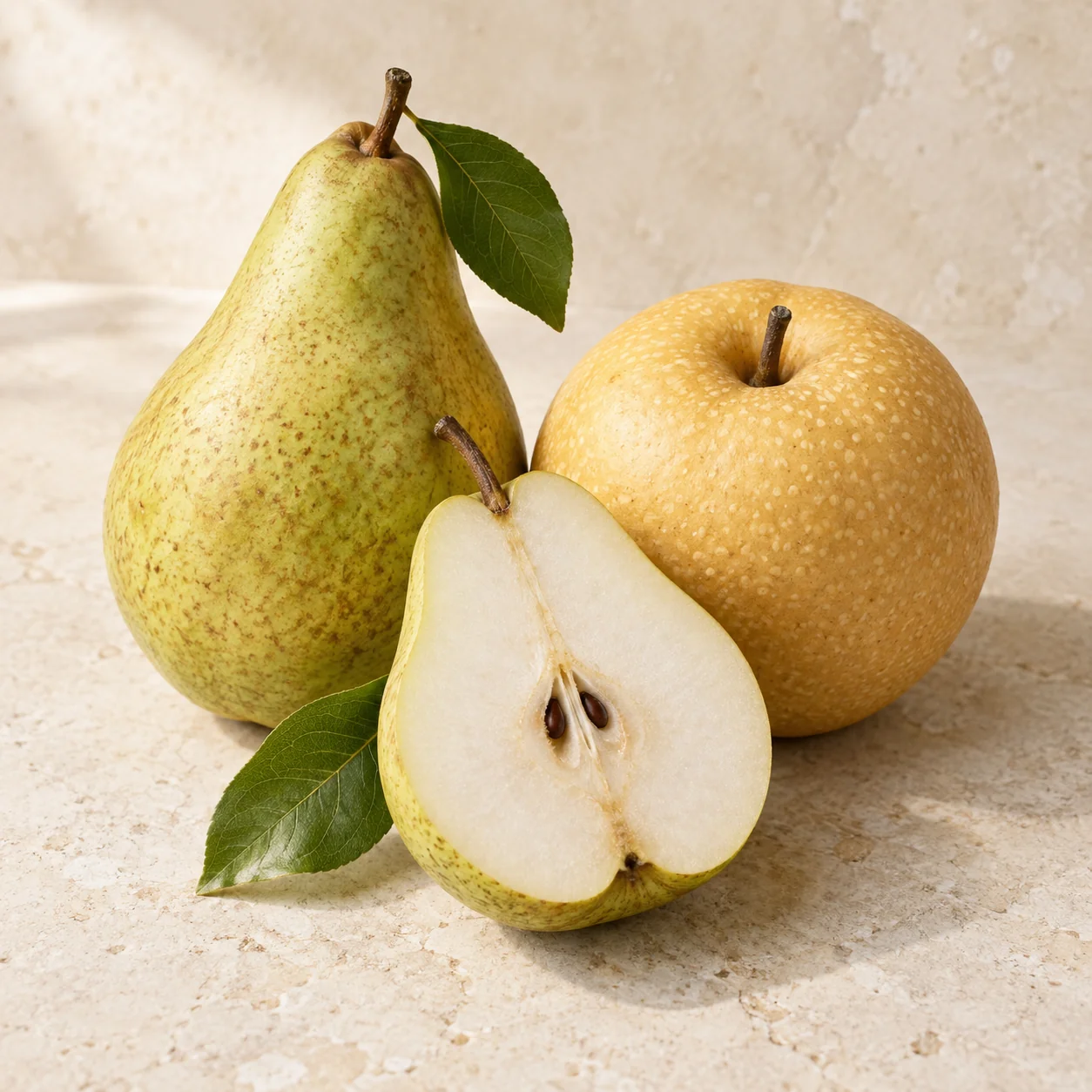 Editorial illustration of an elongated green-gold pear, a round Asian pear and a cut half on pale stone