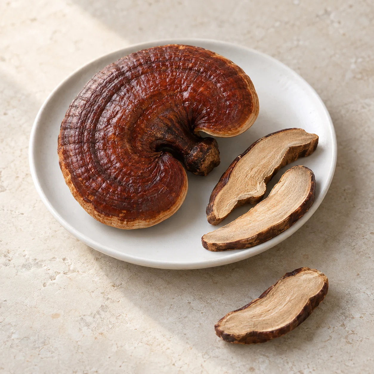Ingredient illustration of a reddish-brown reishi cap and prepared slices; not a product photograph or identification guide