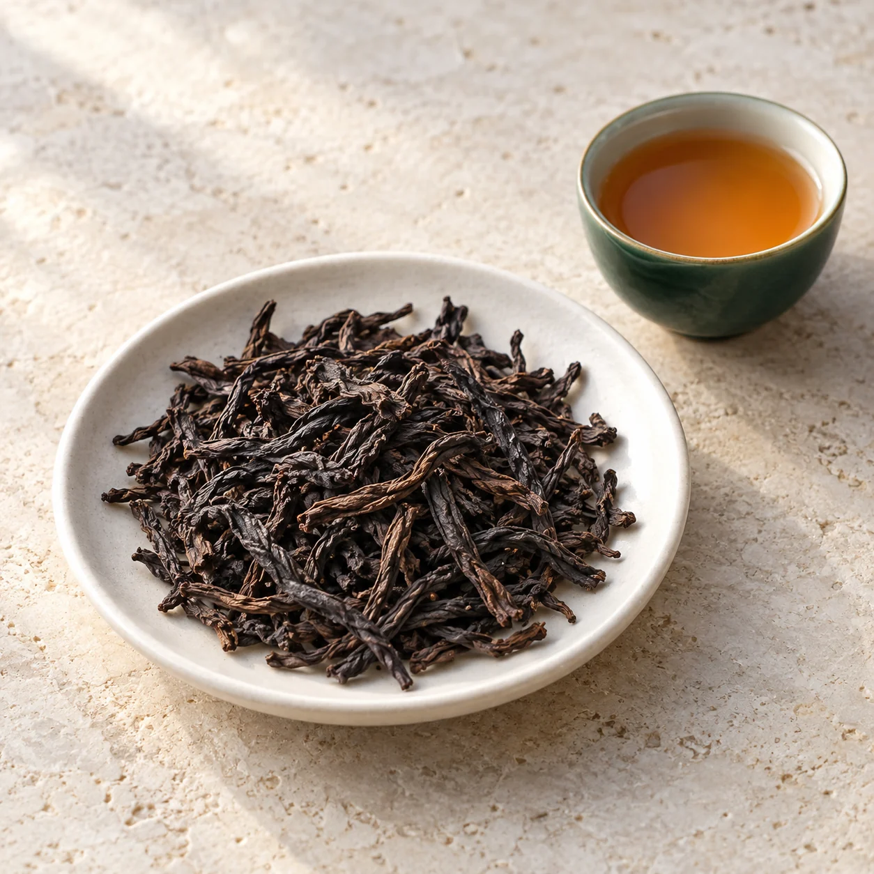 Ingredient illustration of dark twisted rock tea leaves beside an amber infusion; not a product photograph