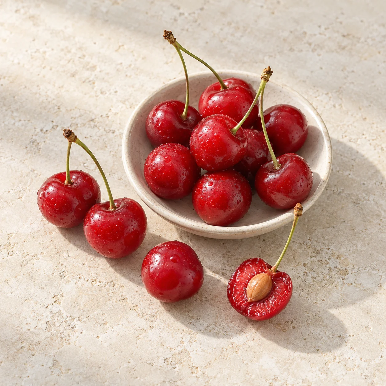 Bright red tart cherries and a cut half on pale stone; editorial ingredient illustration