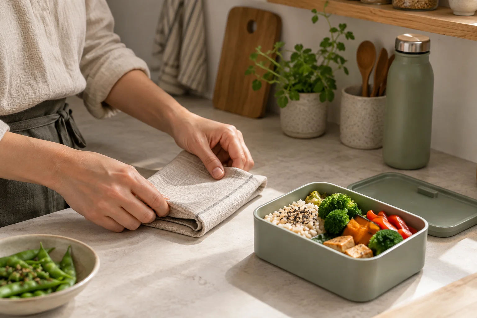 Hands preparing a vegetable lunch box and cloth napkin