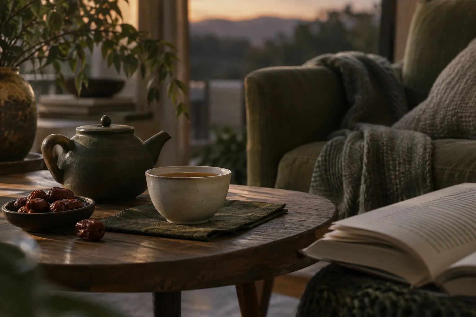 A cup of amber tea and ceramic teapot beside a book at dusk