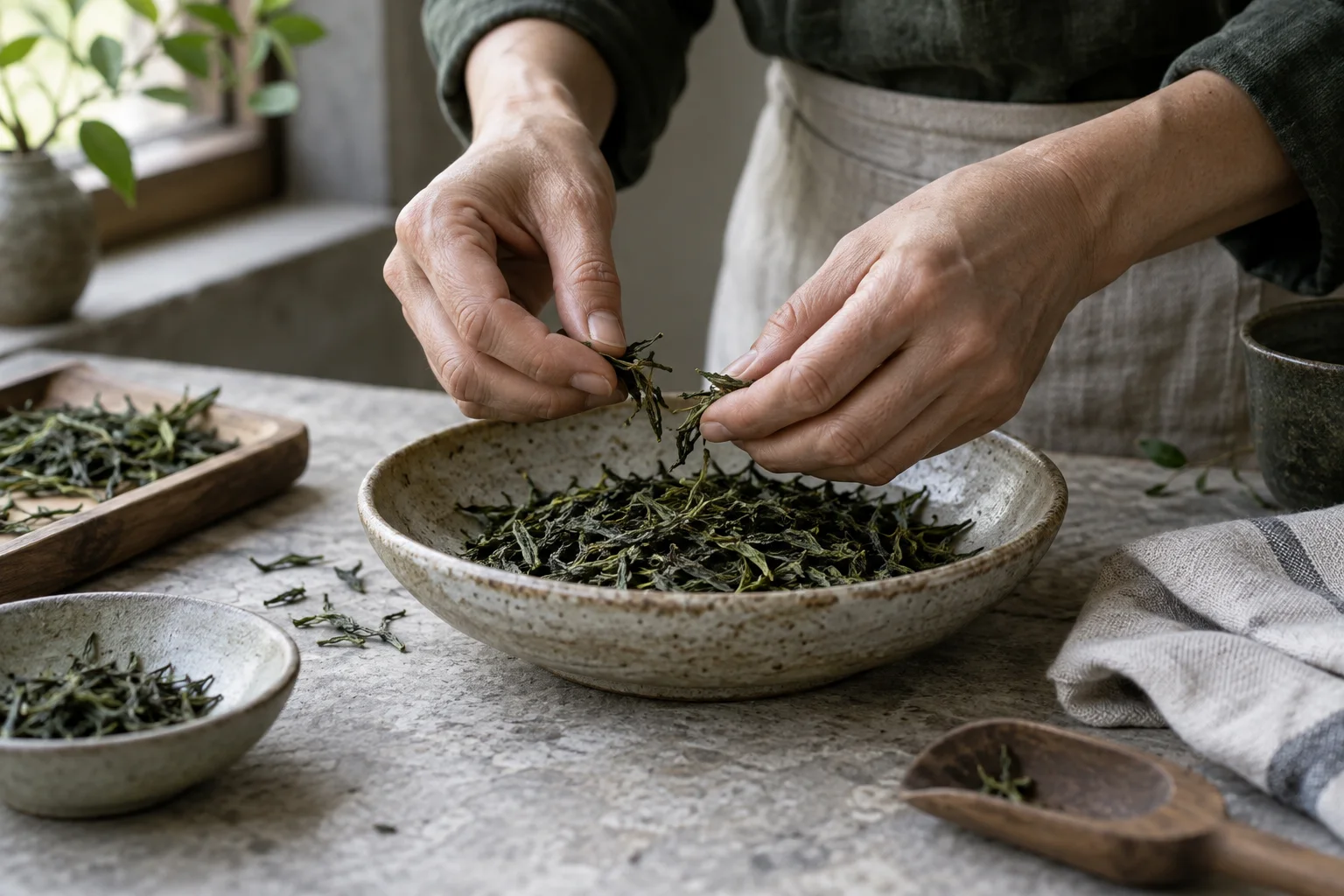 Hands selecting loose tea leaves into a ceramic bowl