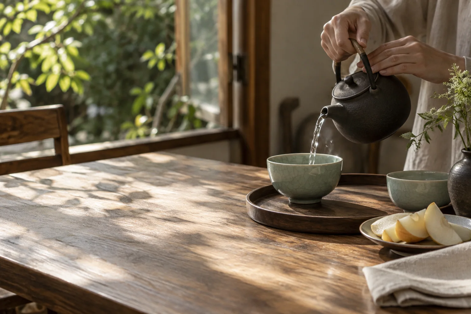 Hands pouring tea into a celadon bowl at a sunlit breakfast table