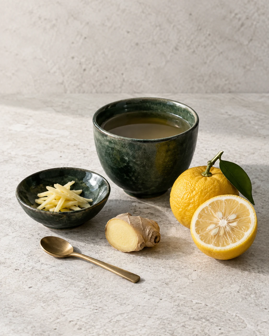Green ceramic teaware, fresh yuzu and ginger on a pale stone surface