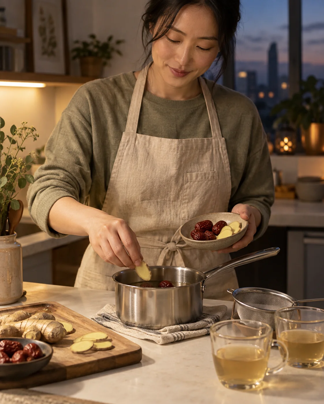 Preparing ginger and red dates in a saucepan for an evening infusion