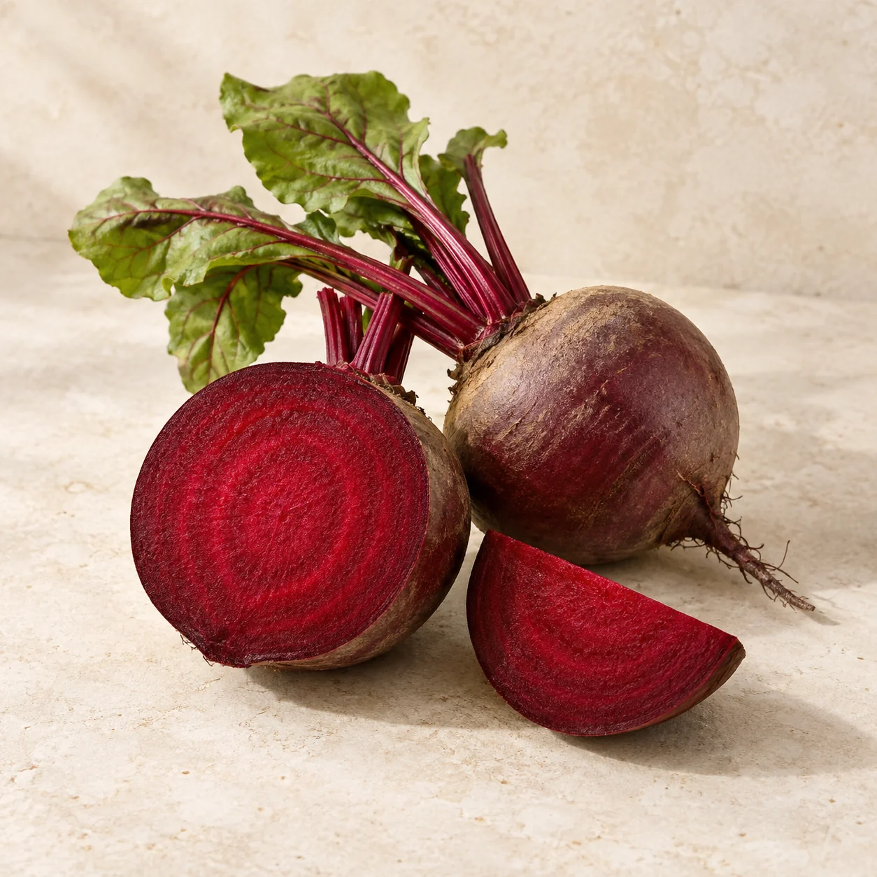 Editorial illustration of whole red beetroot and a cut half showing a deep crimson interior on pale stone