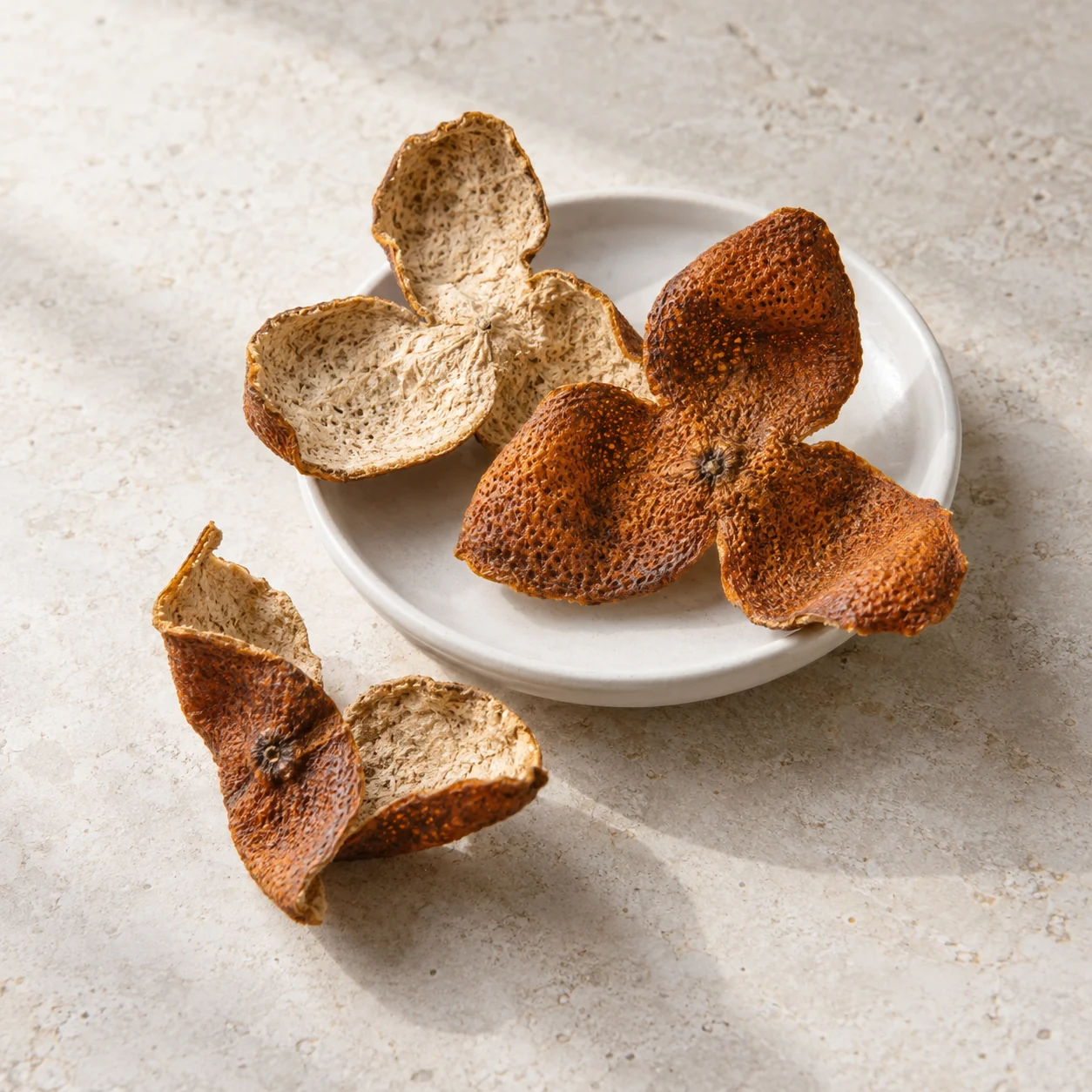 Ingredient illustration of connected pieces of dried citrus peel beside a mandarin; not a product photograph or age authentication guide