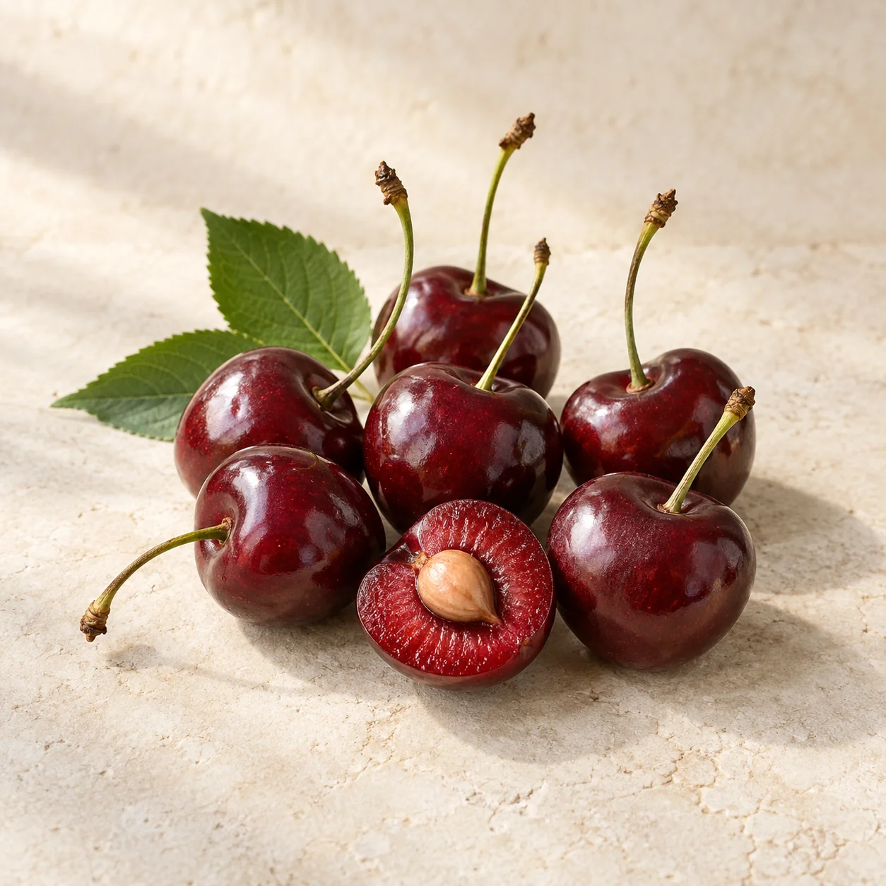 Editorial illustration of dark red sweet cherries with stems and a cut cherry showing its stone on pale stone