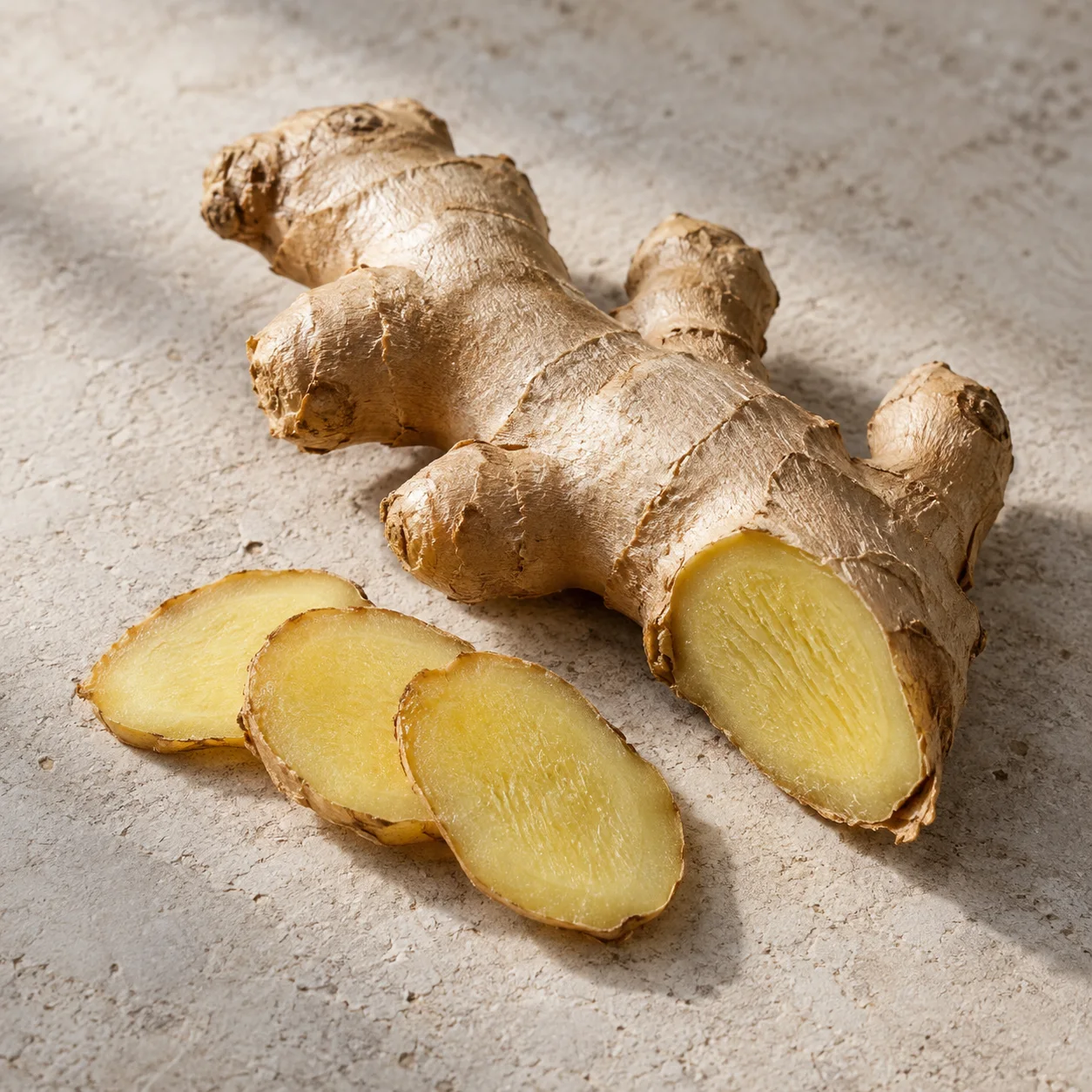 Fresh ginger root and thin slices on pale stone
