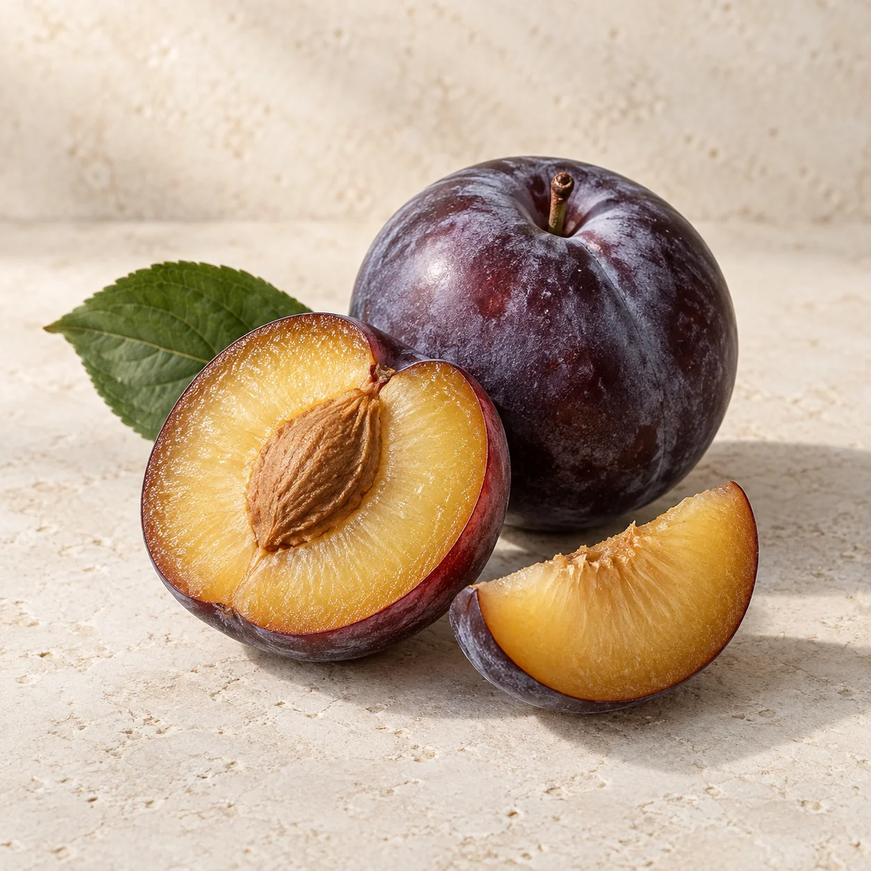 Editorial illustration of purple plums with a cut half revealing amber flesh and a stone on a pale surface
