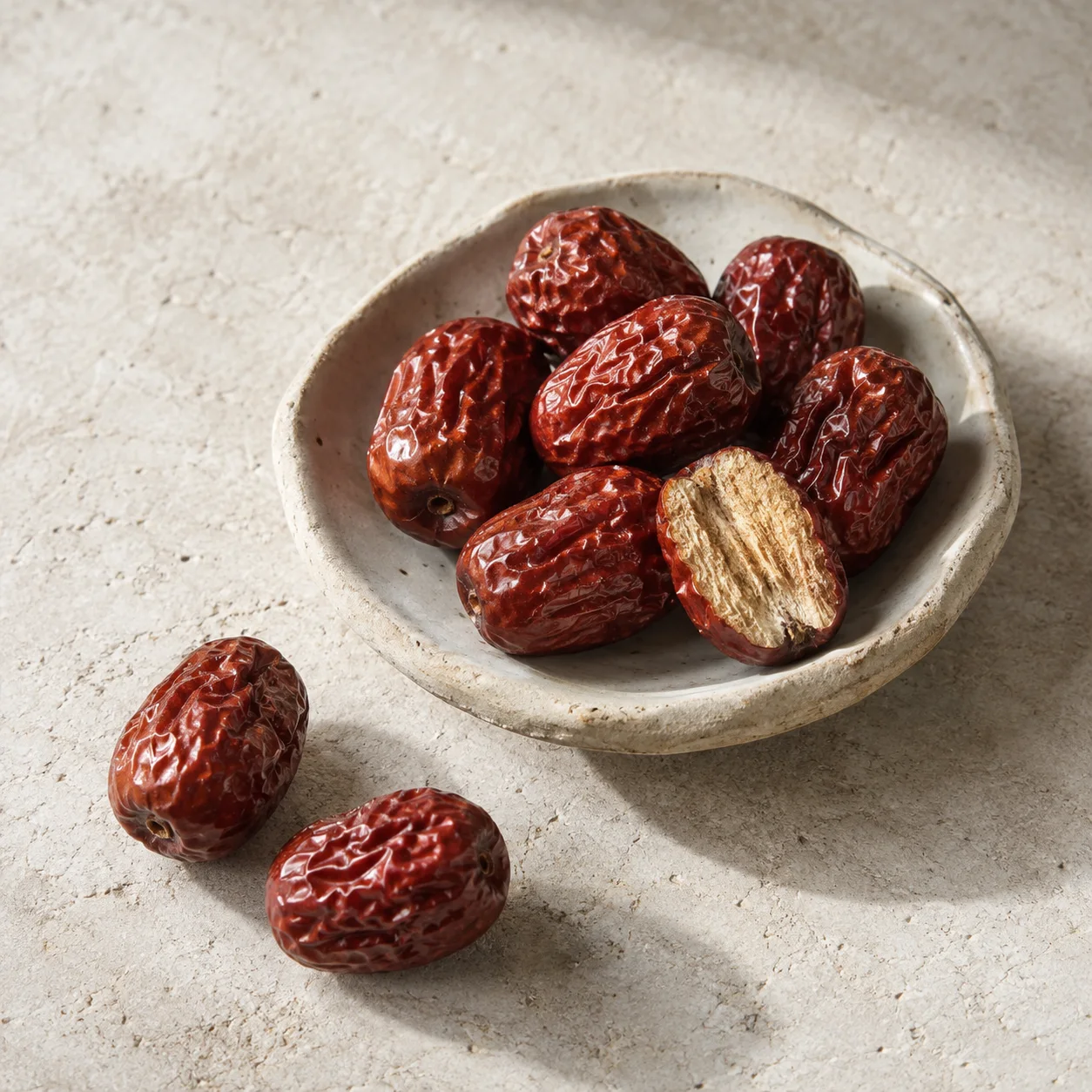 Dried red dates in a shallow ceramic dish