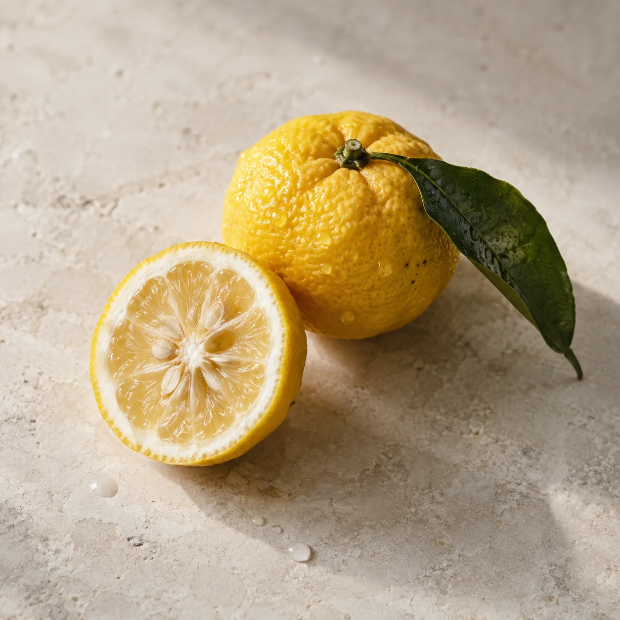 Whole yellow yuzu fruit and a cut half with a green leaf