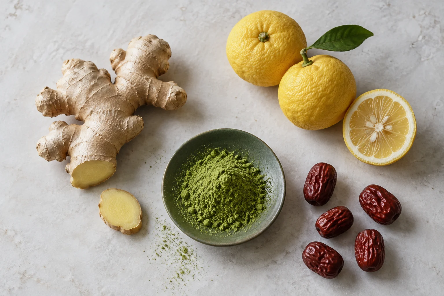 Matcha powder, fresh ginger, yuzu citrus and dried red dates on pale stone