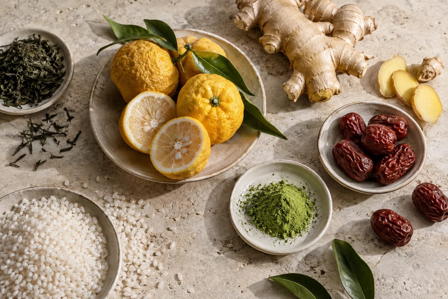 Yuzu, ginger, red dates, matcha and tea arranged on pale stone