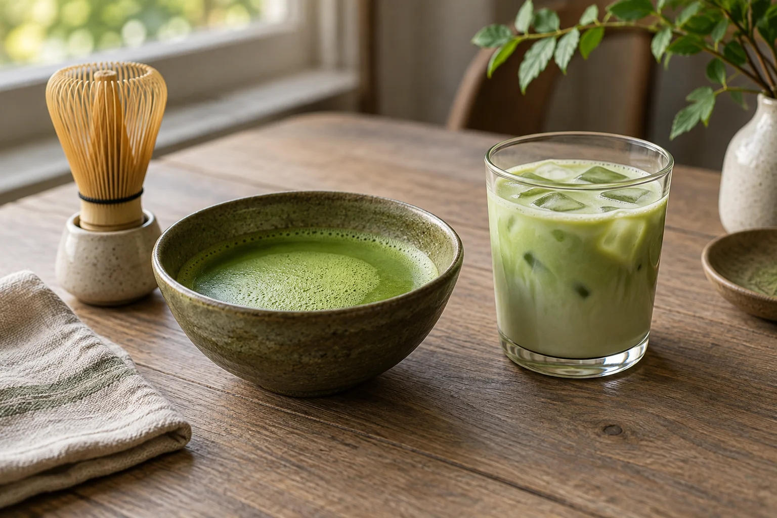 A bowl of whisked matcha beside an iced matcha milk drink on a wooden table