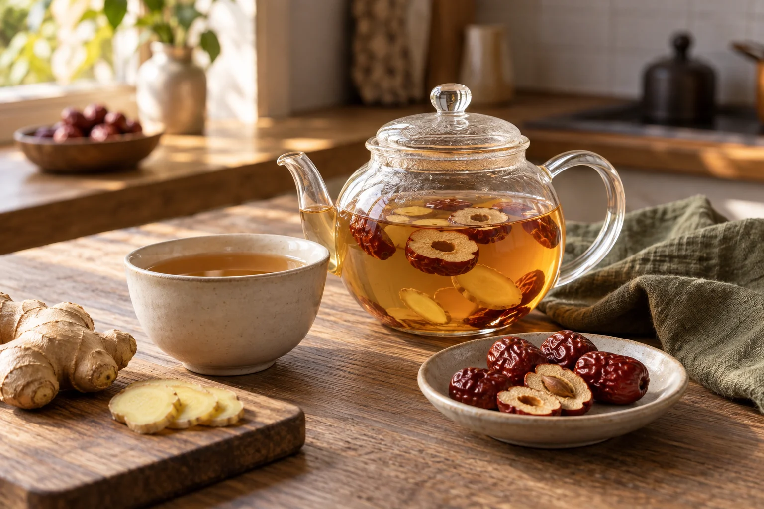 Amber red date and ginger infusion in a glass pot with dried jujubes and sliced ginger