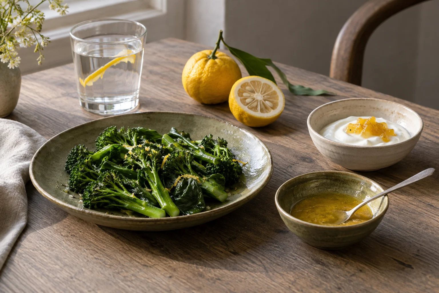 Yuzu fruit beside cooked greens, citrus dressing, yogurt with preserve and a glass of water