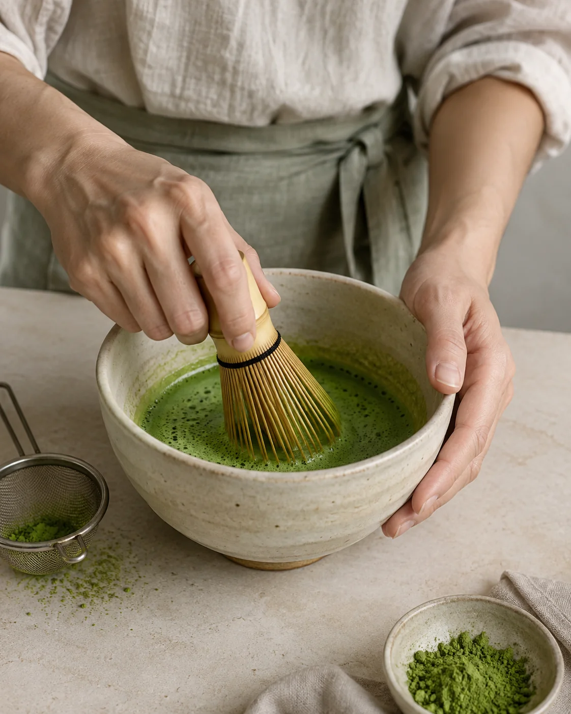 Hands whisking green matcha in a ceramic bowl