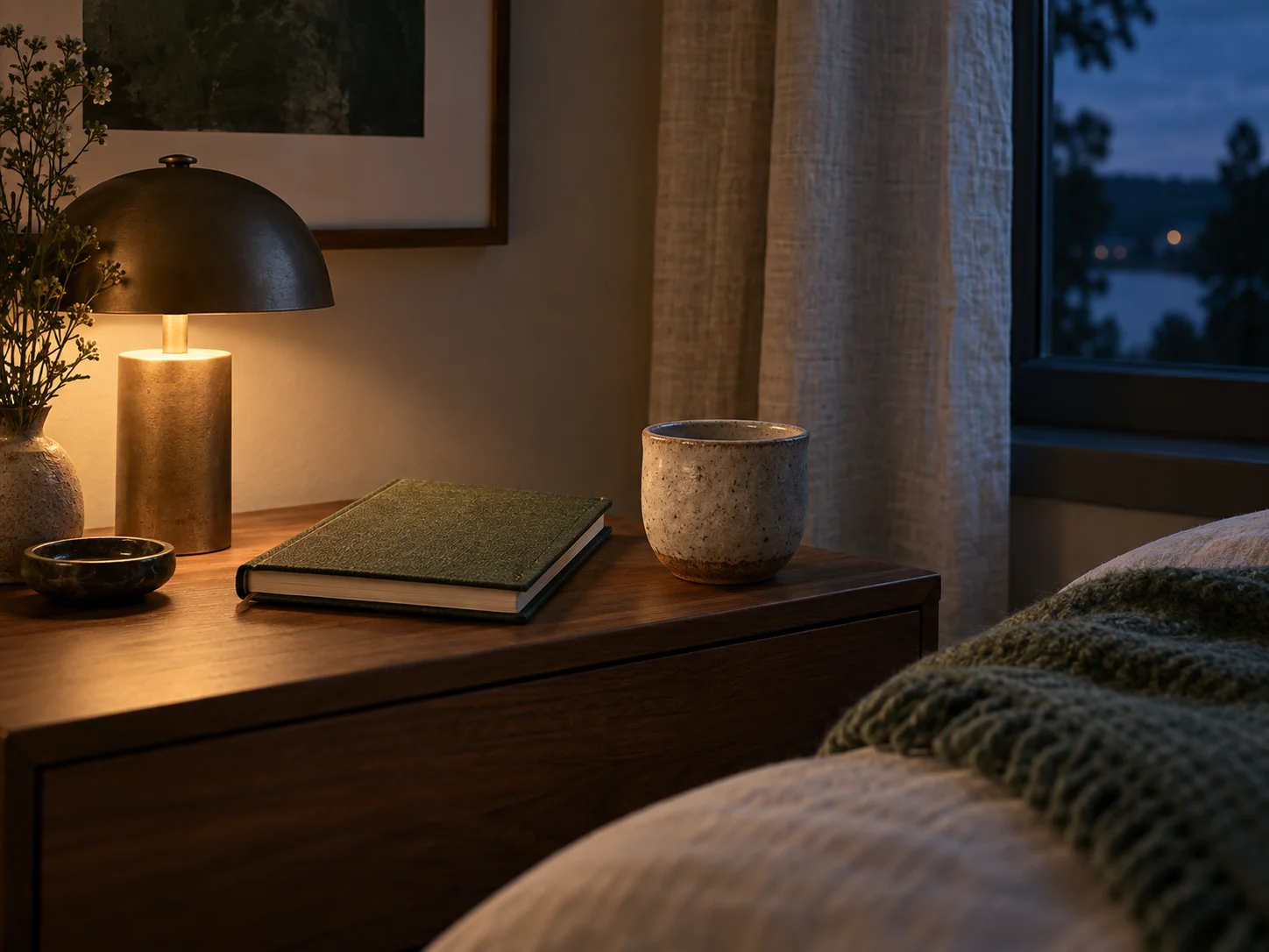 An empty ceramic cup and closed notebook beside a small lamp at blue hour
