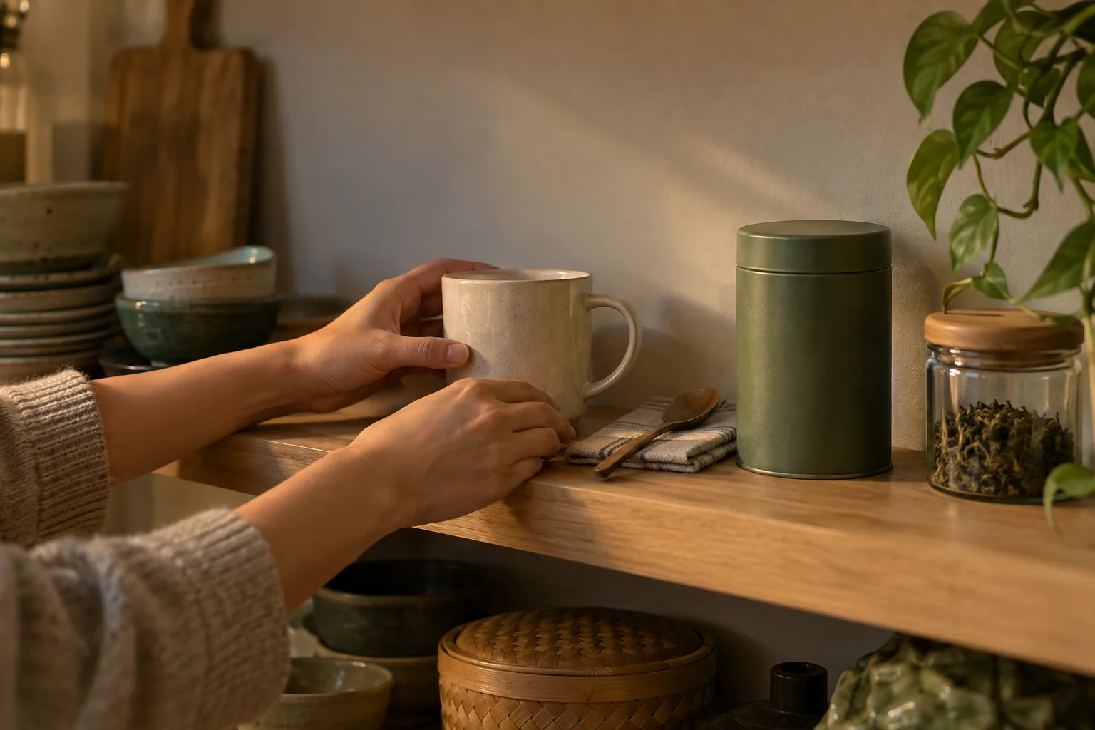 Hands setting out a cup, spoon and sealed tea tin for tomorrow