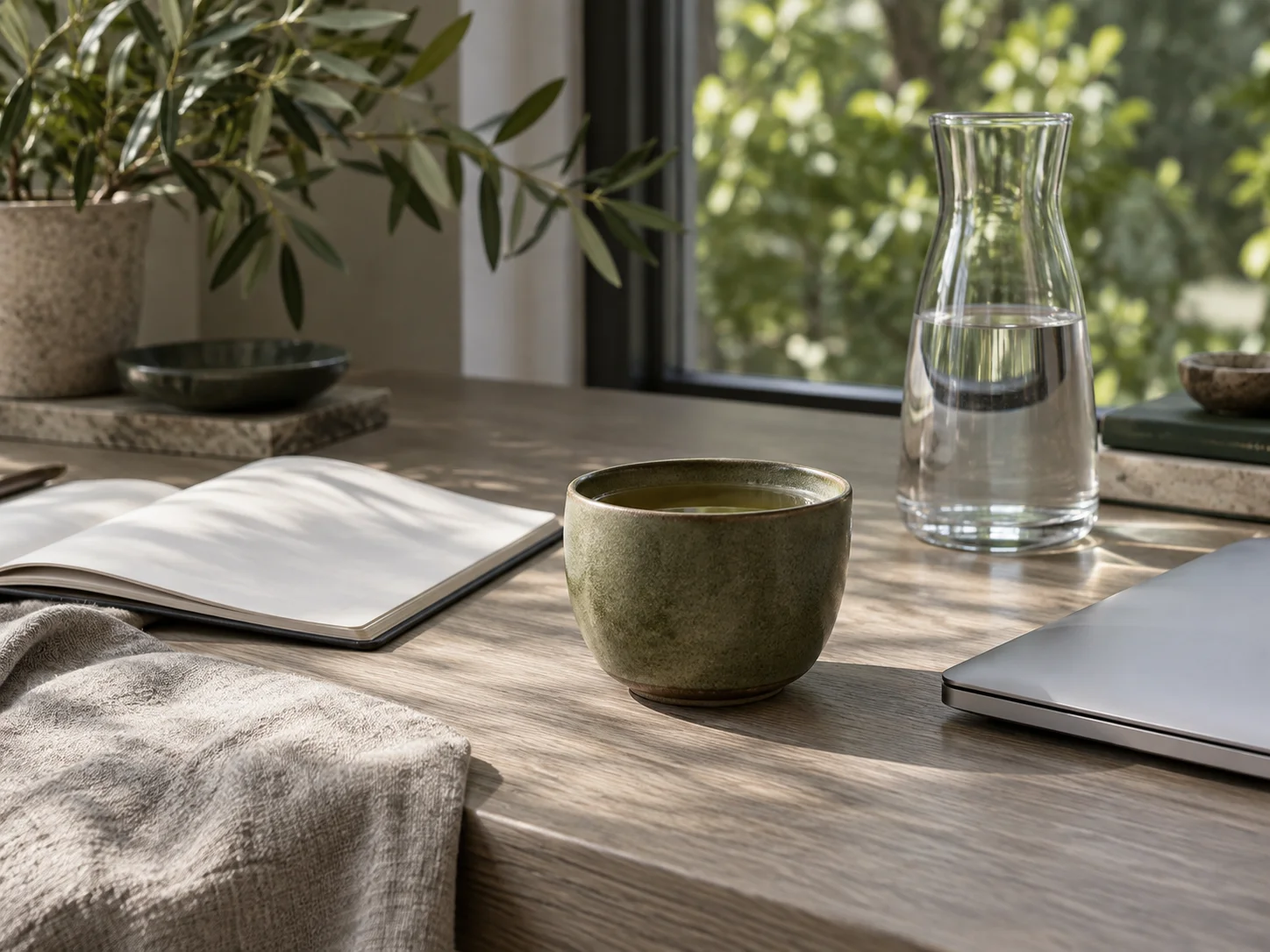 A cup, water carafe and notebook on a desk beside a leafy window