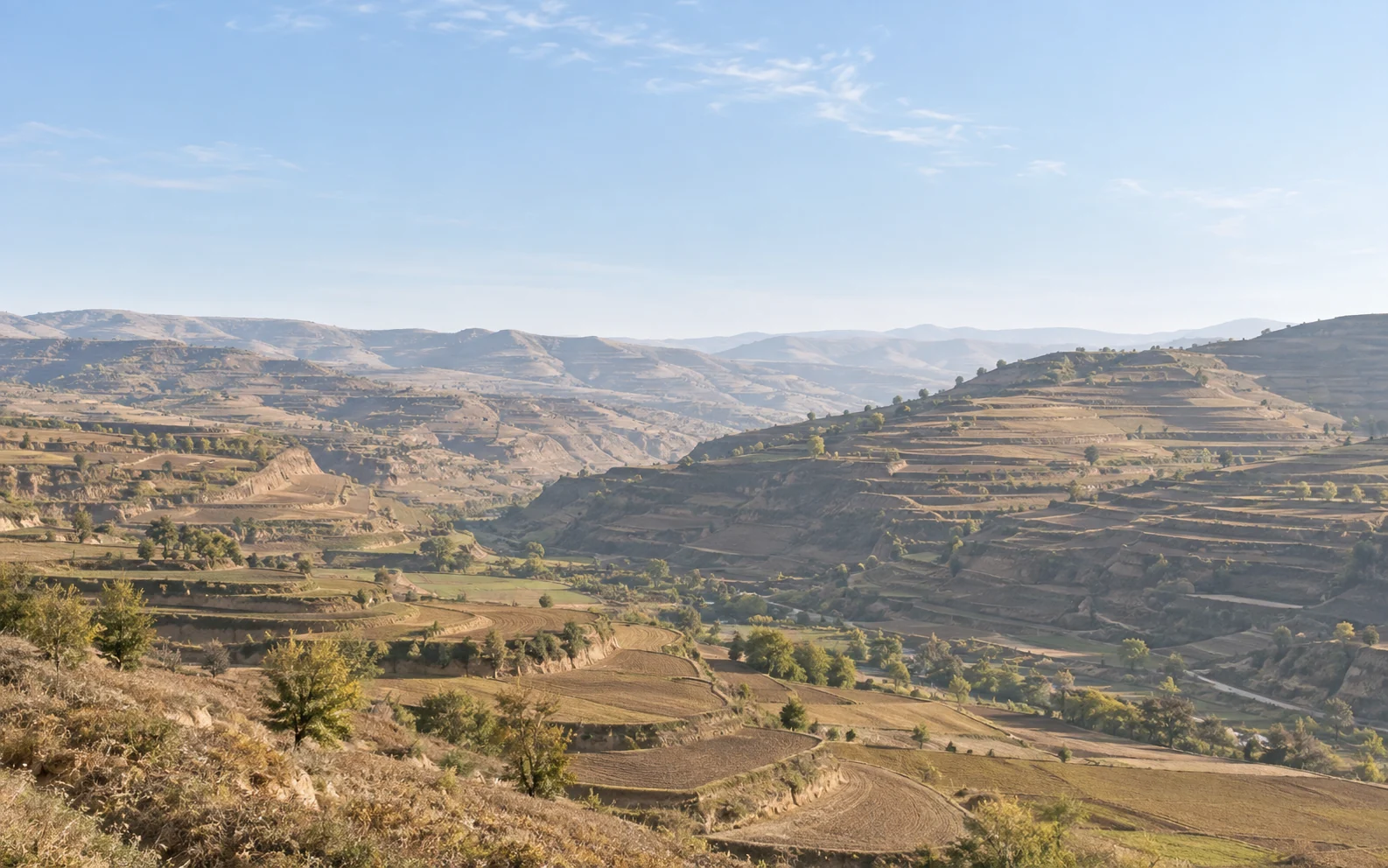 Landscape illustration inspired by Longxi, with layered loess hills and cultivated fields under an open sky; not a location photograph