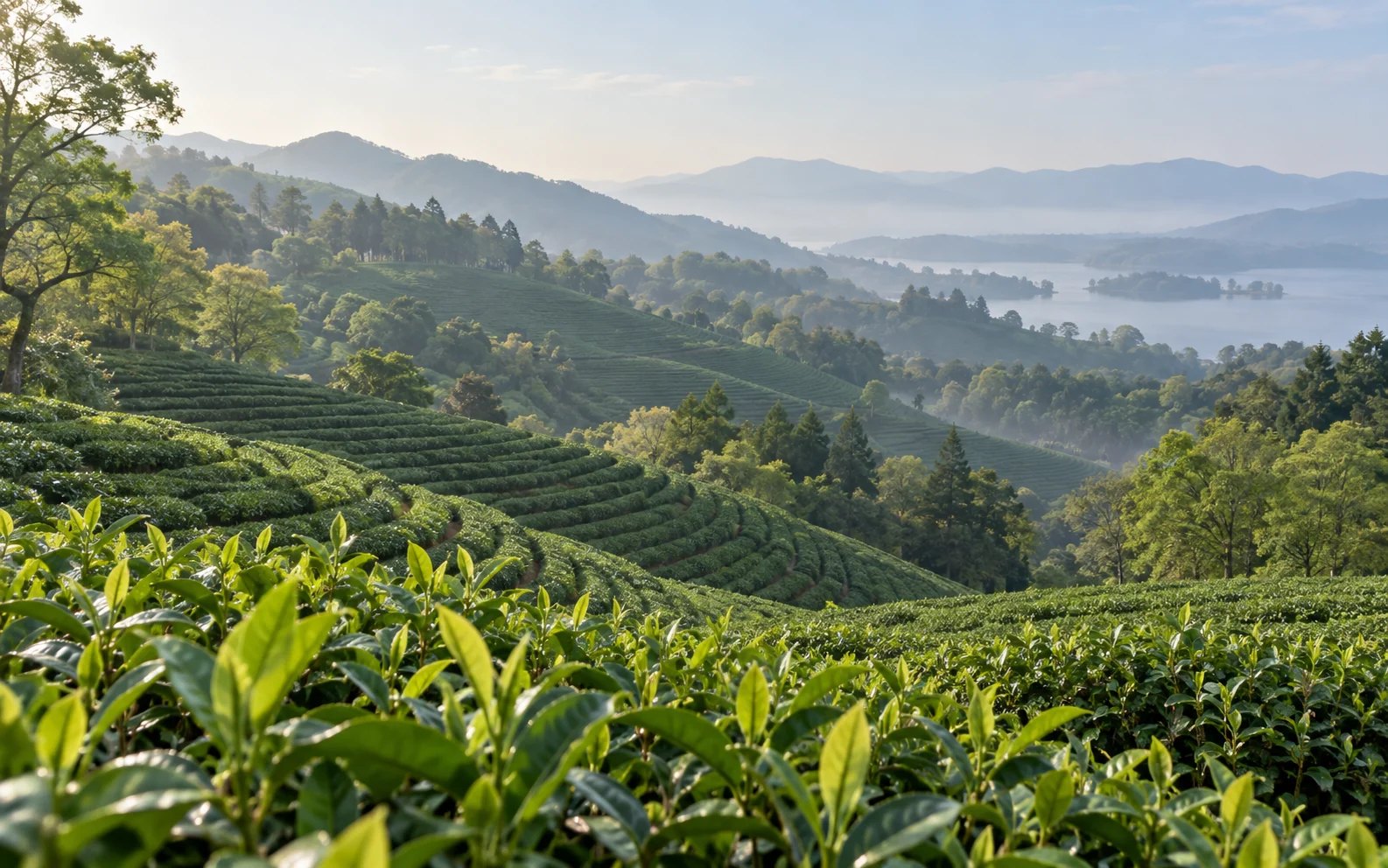 Landscape illustration inspired by the West Lake tea region, with tea rows, wooded hills and a distant lake; not a location photograph