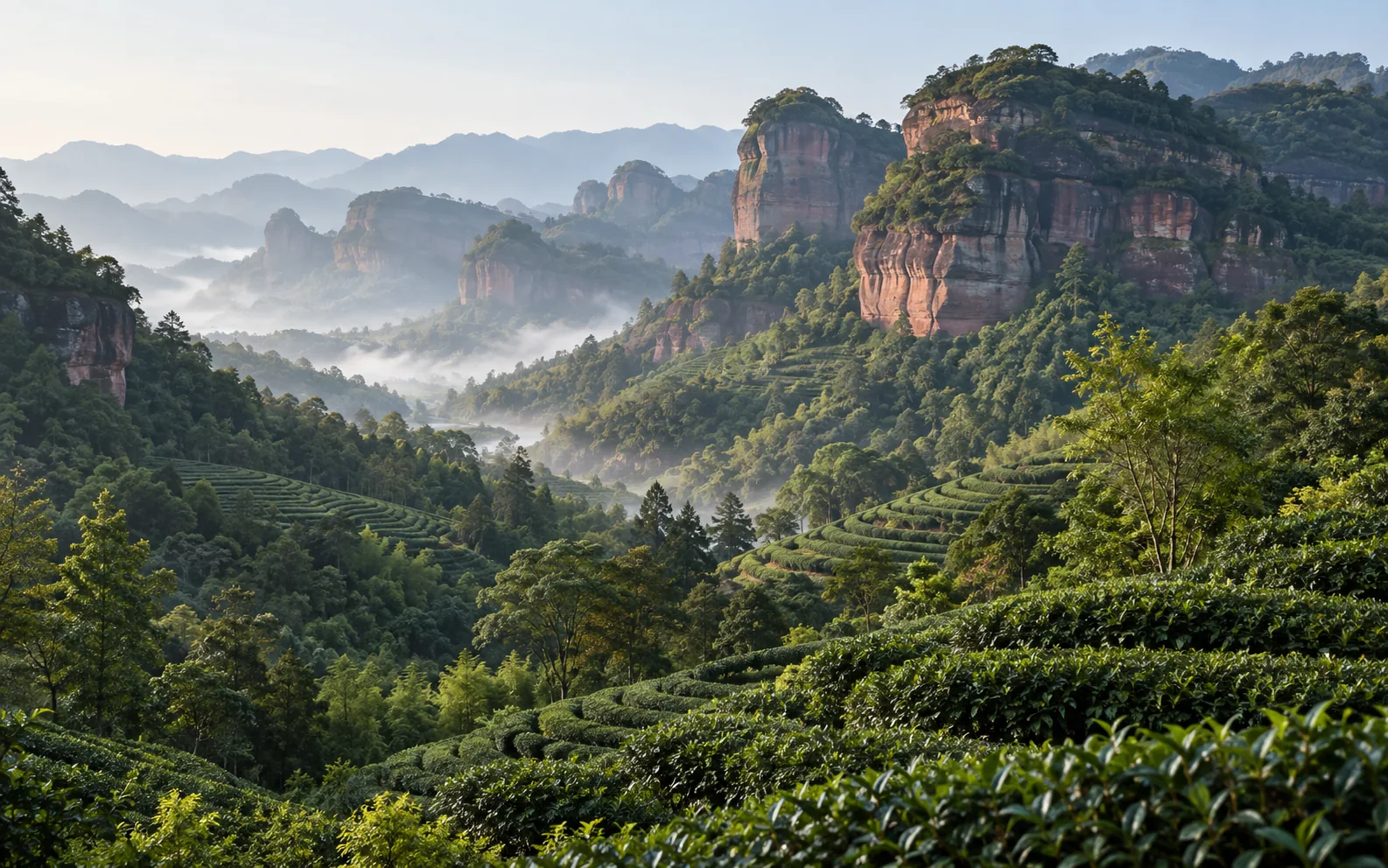 Editorial landscape illustration of forested cliffs and tea slopes inspired by Wuyi, Fujian