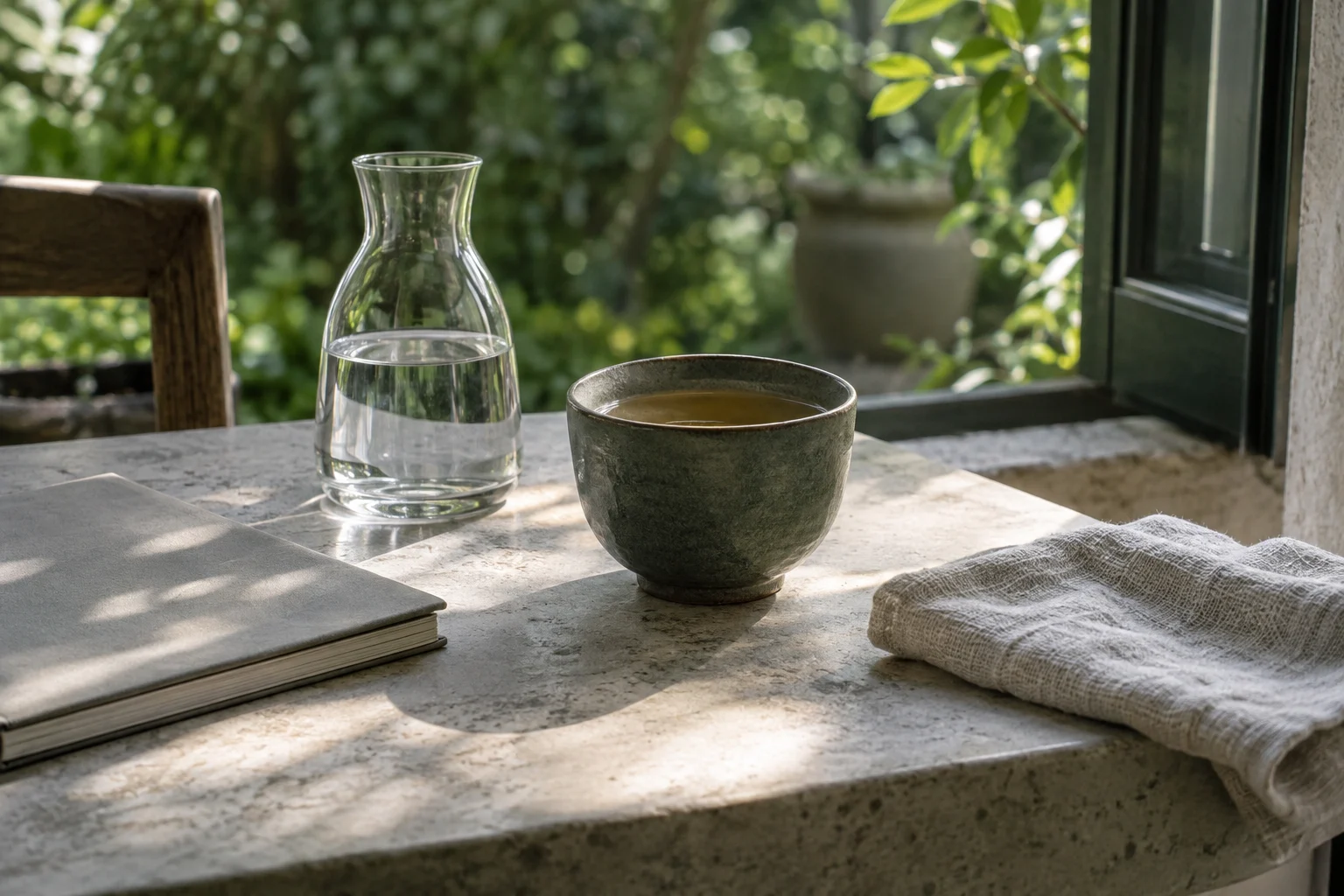 A green ceramic tea cup, water carafe and notebook beside a garden window