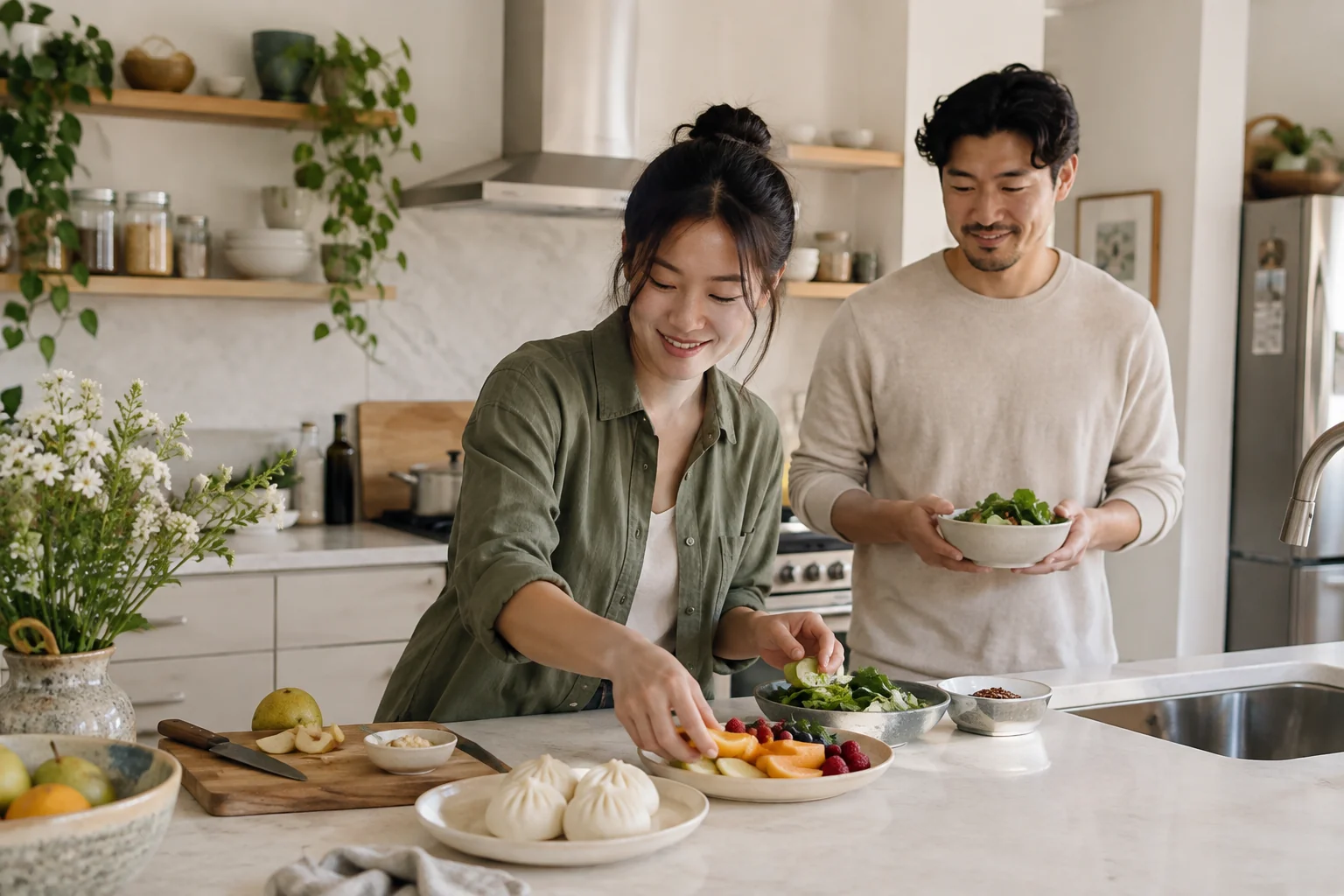 Two people preparing fruit, steamed buns and greens in a bright kitchen