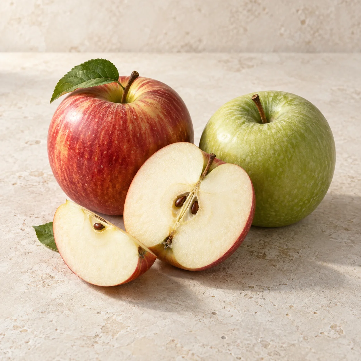 Whole apples and a cut apple half on pale stone; editorial ingredient illustration