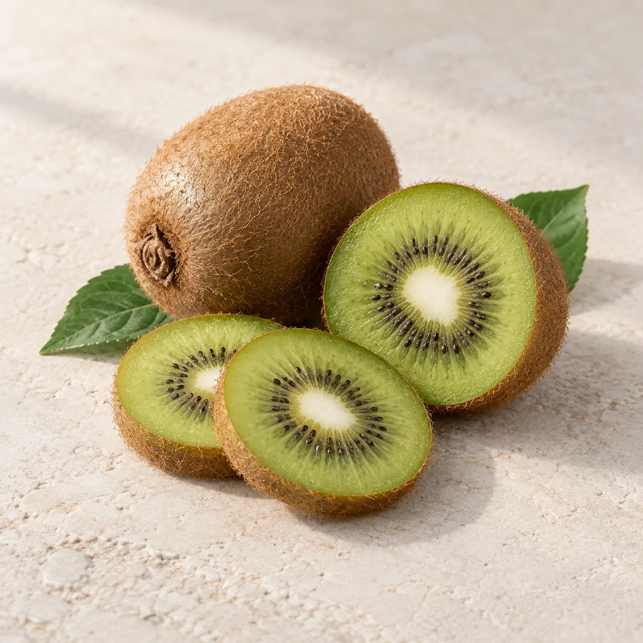 Whole kiwifruit and a cut half showing green flesh and dark seeds on pale stone; editorial illustration