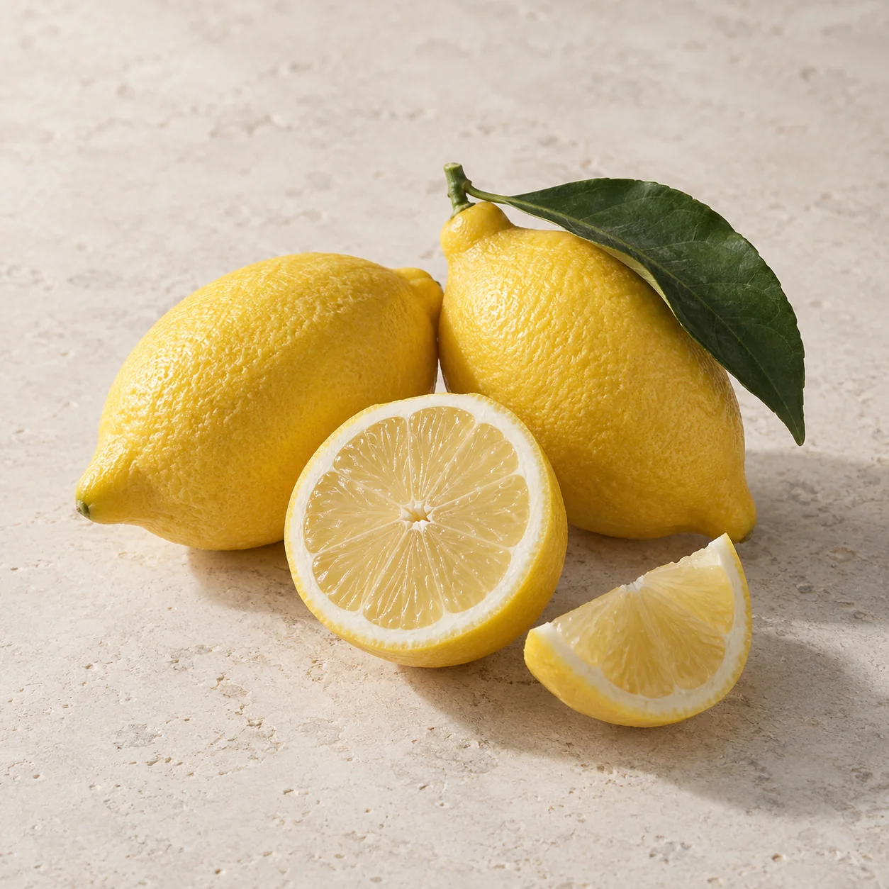 Whole yellow lemon and a cut half on pale stone; editorial ingredient illustration