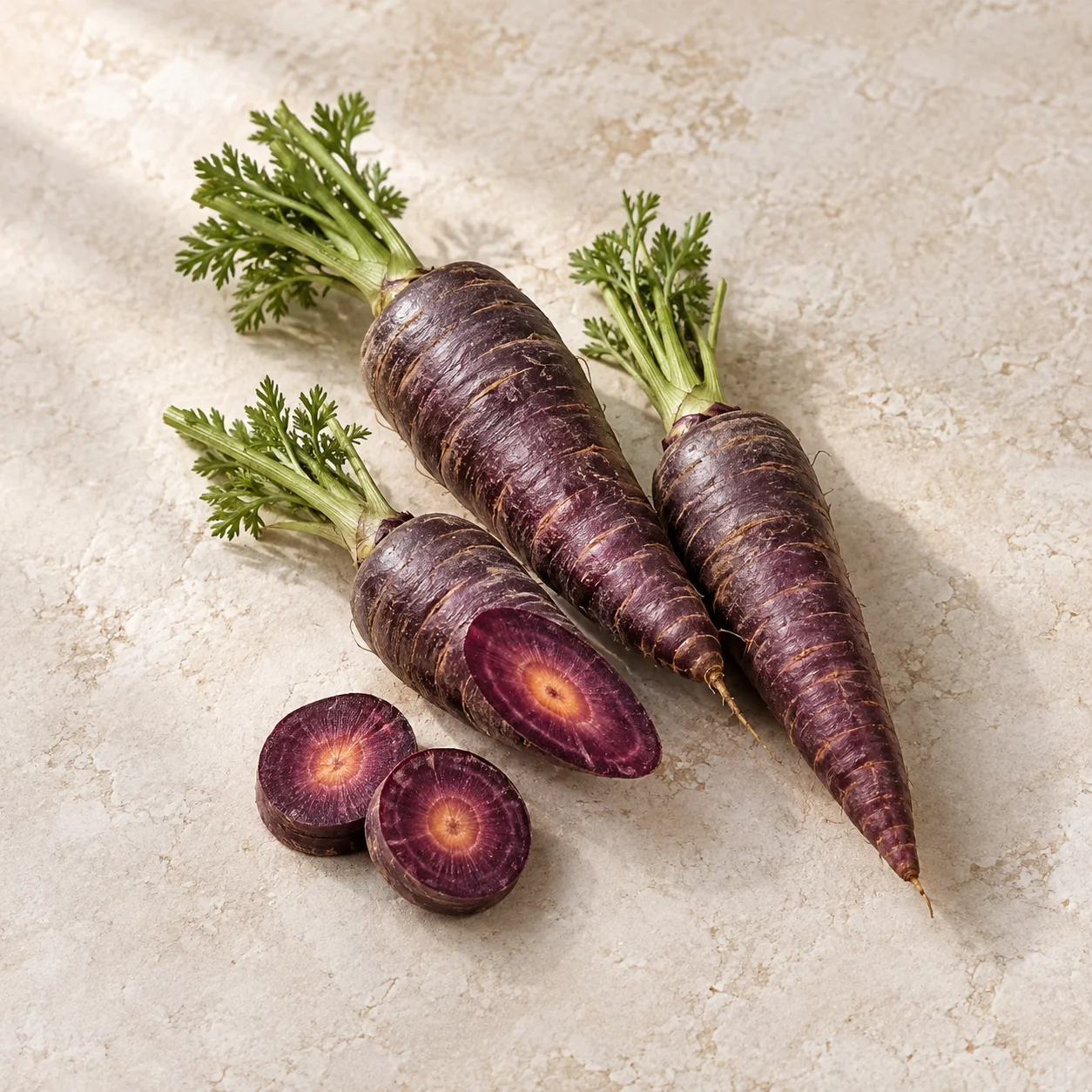 Fresh purple carrots and cut sections showing purple flesh and a lighter core on pale stone; editorial illustration